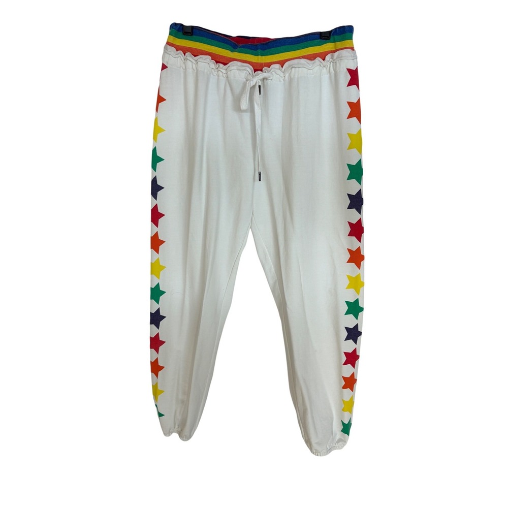 Sundays‎ One Womens White Rainbow Star Joggers Ruffle Waist Sweatpants Small